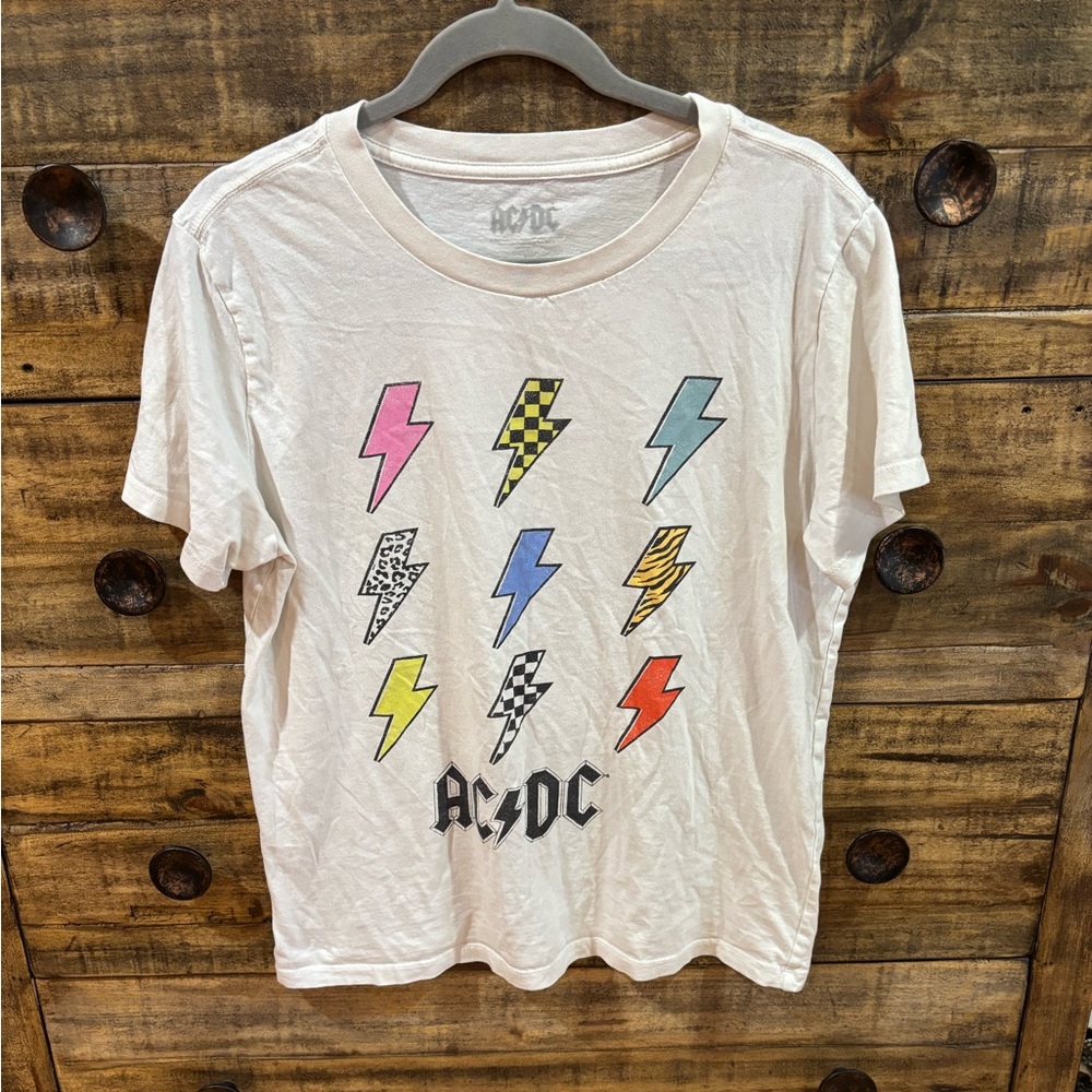 AC/DC Graphic T-Shirt - White with Multicolor Lightning Bolts